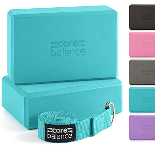 Core Balance Yoga Blocks im Doppelpack & GRATIS Yoga-Gurt, 2 Stk. EVA Schaumstoff-Blöcke, robust & leicht, Riemen aus Baumwolle mit innovativem D-Ring Verschluss, ideal für Pilates, 5 versch. Farben