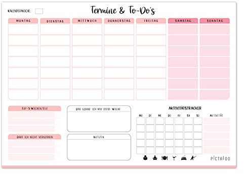 PICTALOO Wochenplaner Block 50 Blatt inkl. Aktivitätstracker, Wochenzielen und Notizen, ohne Datum, praktischer Terminplaner und To-Do-Liste, Tagesplaner, DIN A4 (rosa)