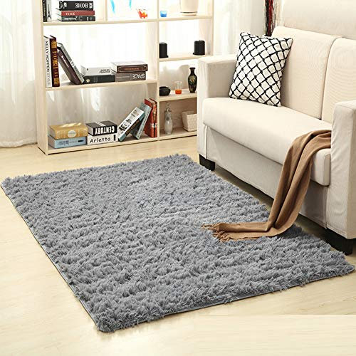 YAOTT Polyester Plüschteppich Rechteckige Einfarbig-Antirutsch Home Schlafzimmer Dekorative Teppich, Teppich Wohnzimmer Kunstfell Hochflor Shaggy Waschbar Silber grau 140X200CM
