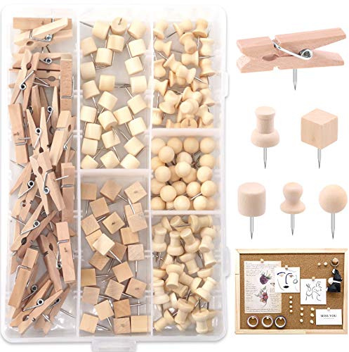 Keadic 135 Pack 6 Styles Walnut Wooden Drawing Pins, Sharp Steel Tip Thumb Tacks, Decorative Wood Head Push Pins for Photos Maps Notice Board Home Office Classroom Use