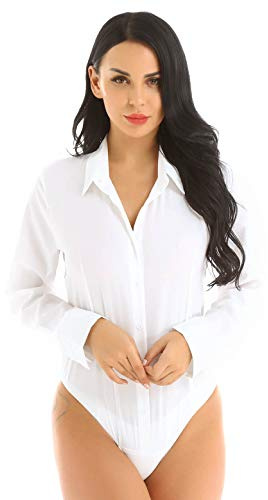 MSemis Body Chemisier Femme Chic Chemise Manche Longue Bodysuit Blouse Élégant Blanche Noir S-3XL Blanc L