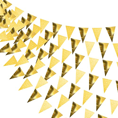 78 Pcs Fanions de Paillettes Guirlandes Triangulaires de Fête Banderoles Triangle en Papier Bannière à Ficelles de 34 Pieds pour Graduation (Doré)