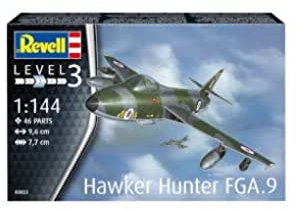 Revell Model Set 63833 Hawker Hunter FGA.9 1:144 Scale Unbuilt/Unpainted Plastic Model Kit with Contacta Professional Glue, Paintbrush & Selected Aqua Color Paints