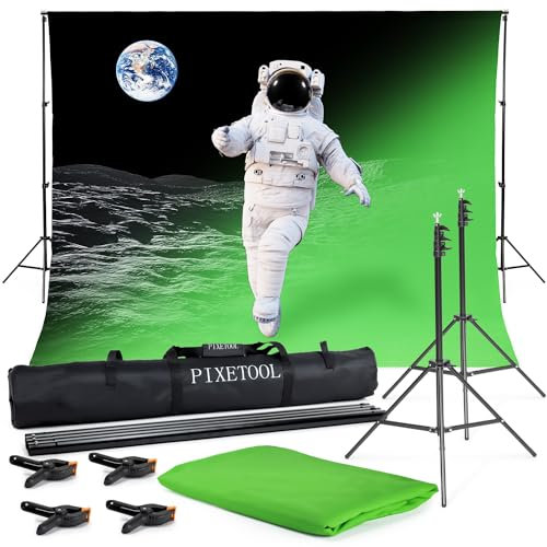 PIXETOOL - Fond Vert (3m x 3m) avec Support (3m x 2,6m) - Fond Photo - Studio Photo - Toile de Fond - 4 Pinces incluses