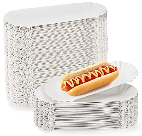 ZEAYEA 150 Pcs Hot Dog Tray, 20.5 cm Heavy Duty Cardboard Paper Food Tray, White Fluted Paper Hot Dog Liners for to-Go Orders, Takeout, Disposable Breakfast Sausage Trays Holders for Party Picnic BBQ