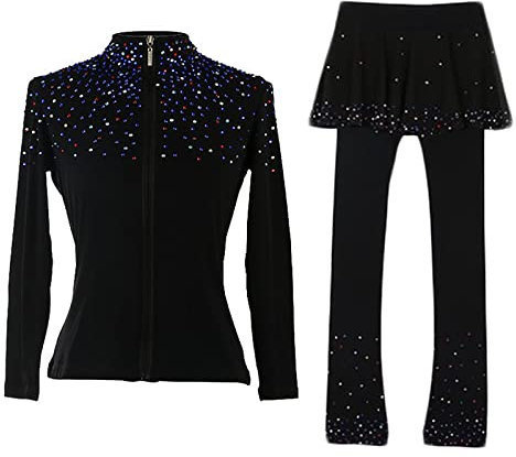 Songyi Eiskunstlauf Jacke mit Hose Damen Mädchen Fleece Gefütterter Trainings Wettkampf Eislaufanzug mit Strass(Size:XS,Color:Schwarz)