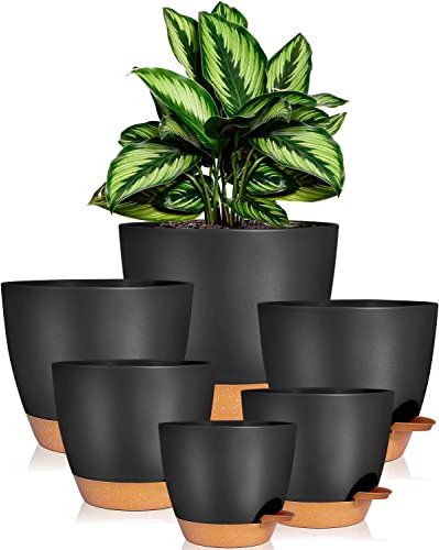 iDattel Kunststoff Blumentopf mit Untersetzer 20.3/17.7/16.5/15.2/14/12.5cm,6er-Set Selbstbewässerung Übertopf Kräutertopf Küche Set, Rund Pflanzkübel für Balkon Sukkulenten Kaktus,Schwarz