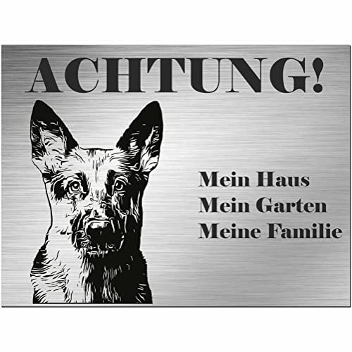 Indigos UG - Schild Schäferhund - bedruckt - Achtung Mein Haus, mein Garten meine Familie - Aluverbundplatte Edelstahl Look - 30x20 cm - Spruch - Deko Geschenkidee - Hund - Zaun - Türschild