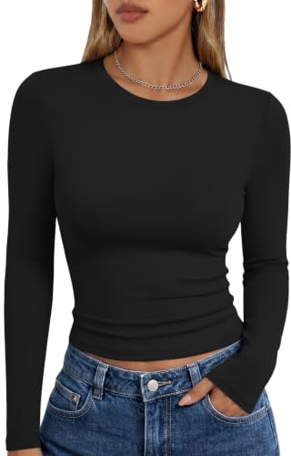 Trendy Queen Womens Long Sleeve T Shirts Fall Fashion 2026 Basic Crop Tops Going Out Workout Outfits Y2k Clothes Black M