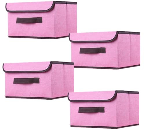 NCRGB 4 Stück Stoff Faltbare Aufbewahrungsboxen mit Deckel 26×19×16cm,Stoffaufbewahrungsbehälter mit Deckel,Kleiderschrank Organizer für Kleideraufbewahrung,Raumorganisation-Rosa