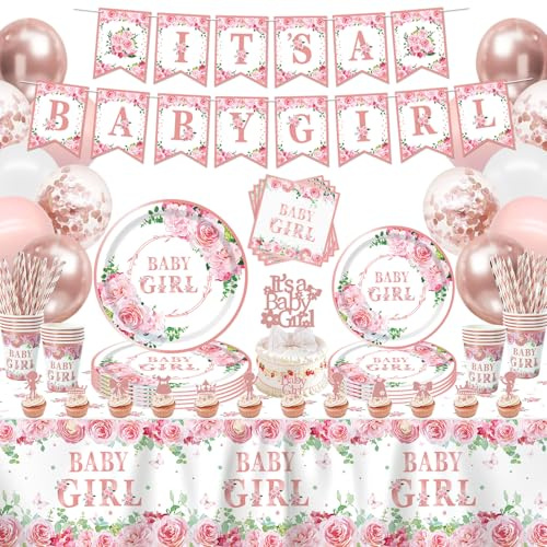 167 PCS Rose Gold Floral Girl’s Baby Shower Dekorationen & Party Supplies für Gender Reveal Party, Geschirr und Servietten für 20 Gäste