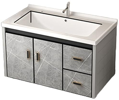 CASEGO Hanging Bathroom Cabinet Double Door with Drawer Integrated Ceramic Basin Home Multi-functional Washbasin Cabinet Combination (80cm)