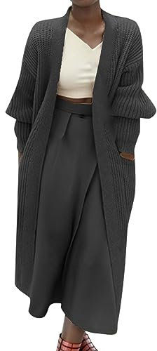Damen Warme Lange Strickjacke mit Tasche Langarm Leichter Cardigan Elegante Comfy Herbst Winter Strickmantel