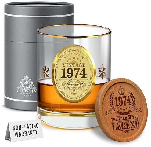 CROWNLY CRYSTAL® 1974 Vasos Whisky Cristal 50 Cumpleaños Regalos Originales Para Hombre Regalos Personalizados Para Hombre Regalos 50 Cumpleaños Hombre Regalos Originales Para Hombre 50 Años