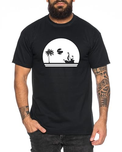Sunrise Mary - Herren T-Shirt Straw Hat Luffy Zoro One Monkey D. Pirat Ace Piece Goku Anime Ruffy, Größe:L, Farbe:Schwarz