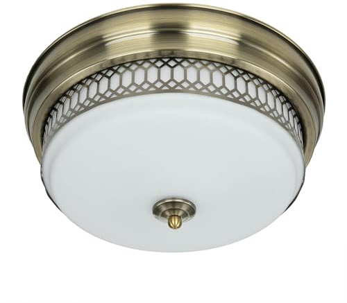 Licht-Erlebnisse Deckenleuchte Badezimmer Ø 35 cm H: 16 cm IP44 in Messing Antik Weiß 2x E27 Glas Metall Jugendstil Deckenlampe Badezimmerleuchte