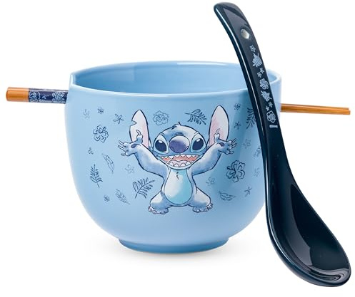Silver Buffalo Disney Lilo and Stitch Hands Up Leaves and Flowers Keramik-Ramen-Nudel-Reisschale mit Essstäbchen und Löffel, mikrowellengeeignet, 590 ml | Disney, Blätter und Blumen, Keramik, Nudelreis, inklusive Löffel, mikrowellengeeignet, 0,59 Liter