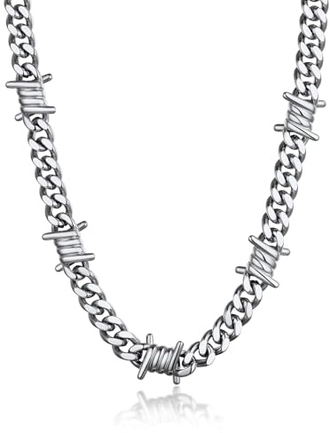 Bandmax Herren Kette Edelstahl Dornen Panzerkette 7/9mm Breit Männer Kubanische Kette Gothic Gliederkette Stacheldrahtkette Hip Hop Kette Halsband Halsschmuck für Jahrestag