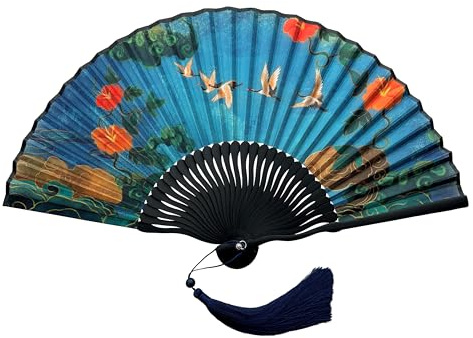FANSOF.FANS Vintage Artwork Printed Premium Silk Fabric Handheld Folding Fan with Grade A Bamboo Ribs for Women Girls Event Birthday Wedding Favour With Tassel and Pouch (Bird Harmony)