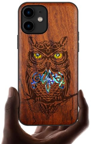 Carveit Étui pour iPhone 11 Coque [Gravure en Bois et Incrustation de Coquille] Cover Compatible avec Apple 11 Etui Bois Luxe et Case (Rosé-Un Hibou perché sur Une Branche)