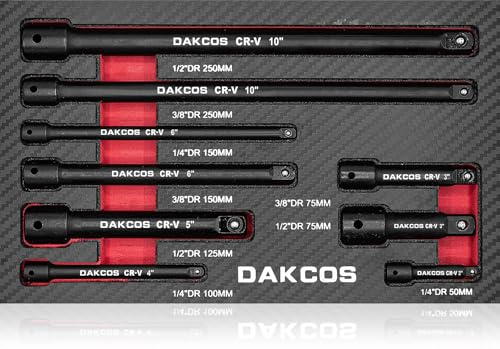 DAKCOS Steckschlüssel-Verlängerungen 9-tlg. Verlängerungs Satz 1/4,3/8,1/2 Zoll Antrieb aus CR-V mit schwarzer Phosphatierung
