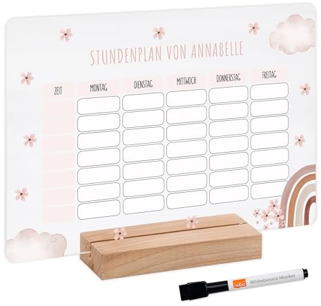 Bärenfreunde - Personalisierbarer & Abwaschbarer Stundenplan aus Acryl + Stift, Holzhalter - Einschulung Geschenk, Schultüte zum Schulanfang oder Grundschule (Regenbogen Blumen,mit Holzhalter)