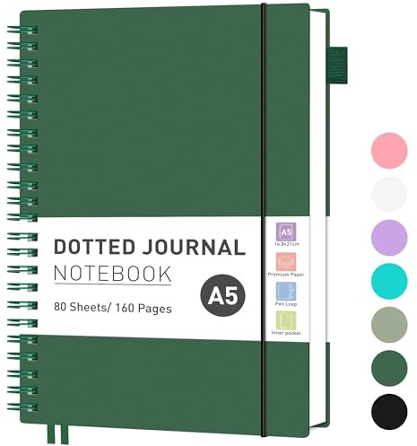 RETTACY Notizbuch A5 Gepunktetes, Bullet Dot Journal, Leichtgewicht Collegeblock, 80 Blatt / 160 Seiten Zum Schreiben, 100gsm, PVC Rinbuch, für Frauen Männer Arbeit Büro, 14.8 x 21cm - Dunkelgrün