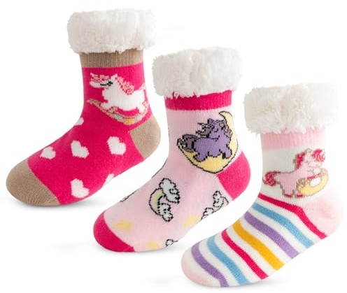 Vihir Calcetines Antideslizantes Niños, Calcetines de Invierno Cálidos, Calcetines Andar por Casa Niño, Calcetines de Navidad Niña, Cálido y Suave, 3 Pares