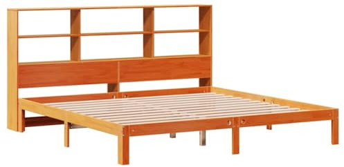 vidaXL Massivholzbett, Bett Kopfteil mit Bücherregal ohne Matratze, Bettgestell mit Lattenrost, Holzbett Doppelbett für Schlafzimmer, Wachsbraun 180x200cm Kiefer