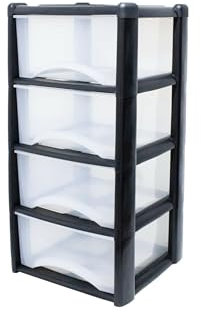Neat. 4 Plastic Storage Drawers Unit with See-Through Drawers, Compact Vertical Design – Durable Plastic, Ideal for Organizing Office Crafts, and Household Items, 80cm x L39cm x W39cm - Black/Clear