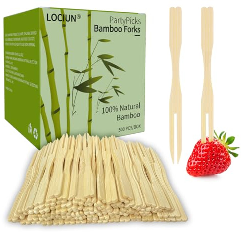 LOCIUN 500 Pieces Bamboo Appetizer Forks & Toothpicks | 3.5-Inch Mini Bamboo Forks for Appetizers, Cocktails, Fruits, Charcuterie | Wooden Party Picks Accessories