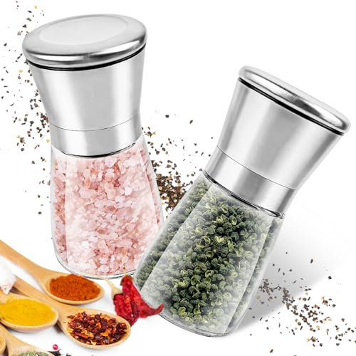 Salt and Pepper Mill, Spice Mill Set of 2 with Adjustable Ceramic Grinder, Salt Shaker, Pepper Mill, Salt and Pepper Shaker, Spice Mill for Coarse, Pepper and Salt Mill, Chili Mill (Short)
