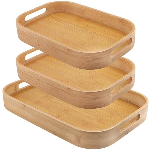 FUNSUEI Juego de 3 bandejas de bambú para Servir, bandejas de Madera con Asas, 2 tamaños, rectangulares, de bambú, para el hogar, Restaurante, 33 x 22 x 4 cm, 40 x 28 x 5 cm