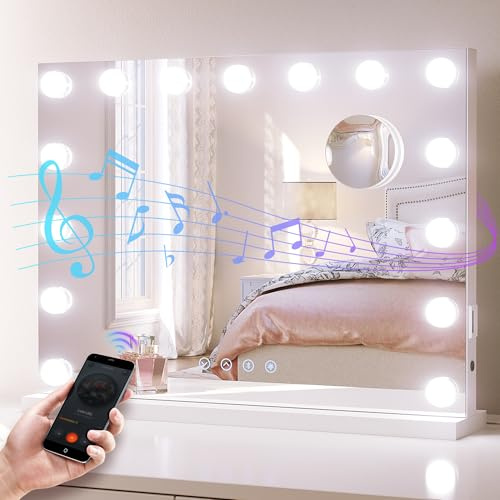 SONNI Hollywood Schminkspiegel mit Licht Bluetooth & USB 58x45 cm weiß | 3 Lichtfarben, dimmbar, Touch & Memory-Funktion, 15 LED Lampen. Perfekt als Schminktisch-Upgrade & Geschenk