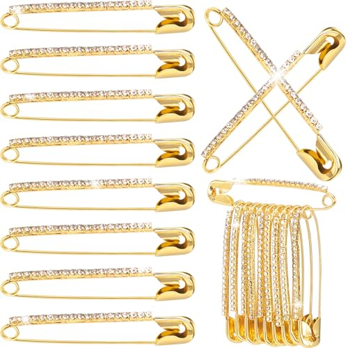 Mxxipp 10pcs Rhinestone Safety Pins, Sparkly Rhinestone Decorative Pins for Clothing, Classic Crystal Brooch for Scarf Shawl Jeans Sweaters Dresses- Gold