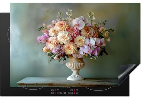 KitchenYeah© Herdabdeckplatte 81x52 cm Einteilig Ceranfeld Abdeckplatte Küche Deko Ceranfeldabdeckung Herdabdeckung Induktionsmatte Orchidee - Blumenstrauß - Vase - Blumen