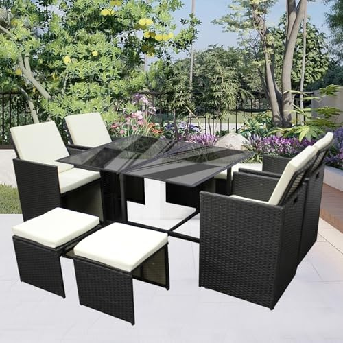 GadgetHaven Garden Furniture,rattan garden furniture with Waterproof Cushions, Tempered Glass Table & Storage Cover - Space Saving Design for Poolside/Garden 6141-B (Black with beige cushion)