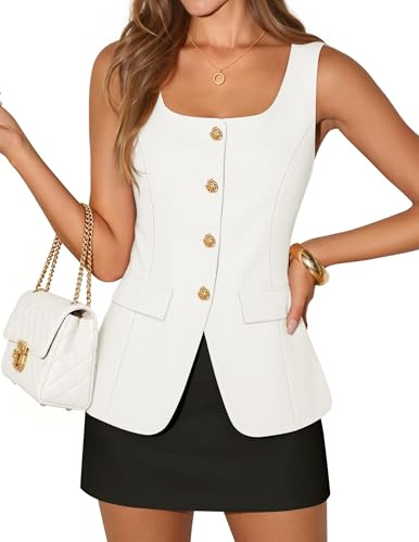 ZESICA 2026 Summer Casual Sleeveless Suit Vest for Women Square Neck Button Down Work Business Blazer Vests Waistcoat,Ivory,Large