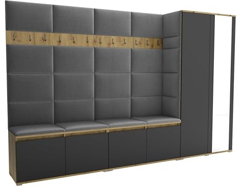 Brent - Garderobenschrank Flur Artisan Eiche Schwarz mit sitzbank 290 cm Breit Luton 5 - Multifunktionale Flurgarderobe Set mit Stauraum und Wandpaneel, Garderobe mit Sitzfläche und Kleiderhaken