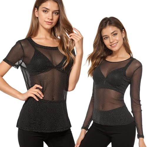 Mujer Camiseta Transparente 2 Piezas - Negra Talla M, Top Sexy de Manga Larga y Corta con Rejilla, Blusa Transparente de Malla Elegante para Clubwear o Casual, Camisetas See Through Ajustadas