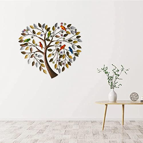 Tree of Life Wall Decor, 60cm x 60cm Metal Art, Heart Shape Design with Birds on Branch, Hanging Garden Decoration for Indoor/Outdoor Use