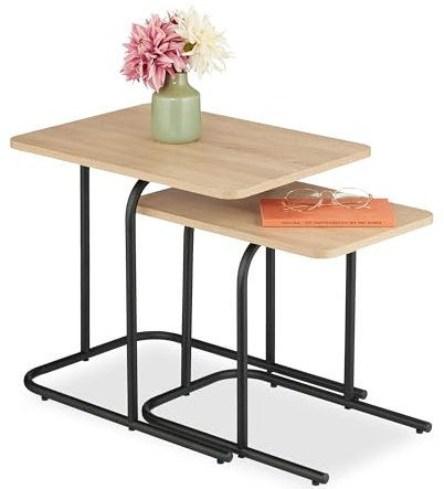 Relaxdays Set 2 Tavolini da Salotto, Tavoli Bassi da caffè, Comodini da Divano, MDF Effetto Legno e Ferro, Beige Nero