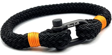 Mens Rope Bracelet, Durable Black Rope with Orange detail | Durable Nylon Marine Bracelet with scratch resistant stainless steel D-shackle | Handcrafted Nautical Wristband (21.5cm (Large Wrist))