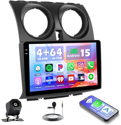4+64G Radio Coche para Nissan Qashqai J10 2006-2016 CarPlay Android Auto | 9 Incell Android 15 Radio con FM RDS EQ Bluetooth Navegación GPS Salida de Vídeo Split-Screen SWC USB WIFI Cámara Micrófono