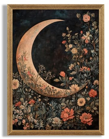 Palette Dreams Wood Framed Crescent Moon Wall Art with Vintage Floral Design, Wall Decor Art Print, Fade Resistant Canvas, Easy to Hang, for Bedroom Living Room Home Office Decor, 16x24 Inches