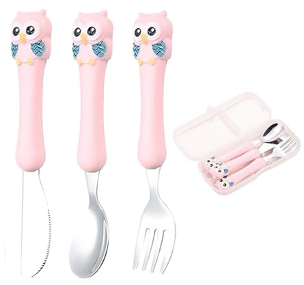 ZenyTra Set di posate per bambini, 3 pezzi, in acciaio inox, con custodia, coltello, forchetta, cucchiaio, sicuro e stimolante per bambini a partire da 1 anno, baby led weaning e asilo (rosa)