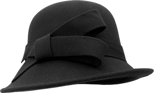 Lynmquober Women Felt Cloche Hat 1920s Vintage Fedora Bowknot Bowler Hats Black