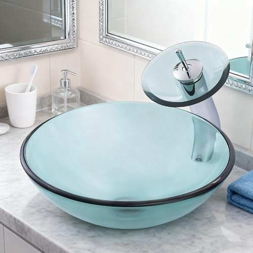 Lavandino Da Appoggio For Bagno, Lavandino In Vetro Temperato Trasparente Con Rubinetto A Cascata E Scarico A Scomparsa, Lavabo Decorativo Da Appoggio For Guardaroba