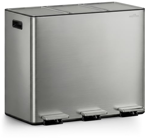 mVm Mülleimer Küche,45 Liter Treteimer,3 x 15 Liter Treteimer, 3 Fächer, Mülltrennsystem, Abfalleimer Küche mit Inneneimer aus Kunststoff,Metall,Klappdeckel, Softclose, Luftdicht