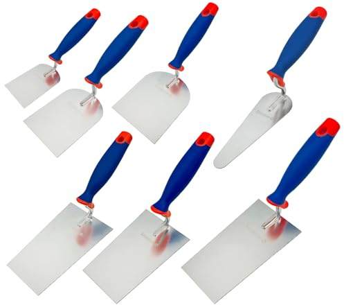 Kellen Set 7-tlg: Maurerkelle S-Hals (160mm und 180mm) + Gipserspachtel (60mm + 80mm + 100mm) + Putzkelle + Zungenkelle Rostfreiem Edelstahl Gipserkellen Stuckateurwerkzeuge Maurer Werkzeug
